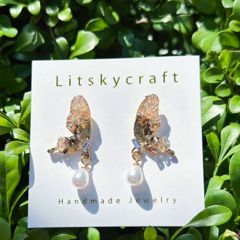 Butterfly Wing Resin Earrings, Handmade Fairy Butterfly Wing Jewerly, Gold Statement Dangle Drop Earrings, Birthday Christmas Gift for Her image 5