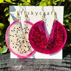 Real Pitaya Resin Fruit Earrings, Handmade Pressed Dragon Fruit Earrings, Natural Jewelry, Dired Pitaya Drop Earrings, Birthday Gift For Her