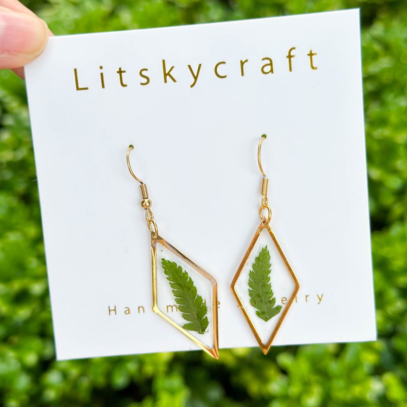 Real Fern leaves Earrings, Handmade Pressed Leaf Earrings, Dired Green Leaves Resin Earrings, Diamond Jewelry, Birth Christmas Gift For Her image 2