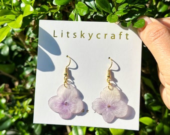 Real Hydrangea Flower Earrings, Handmade Pressed Hydrangea Flower Resin Earrings, Dired Flower Dangle Drop Earrings, Christmas Gift For Her