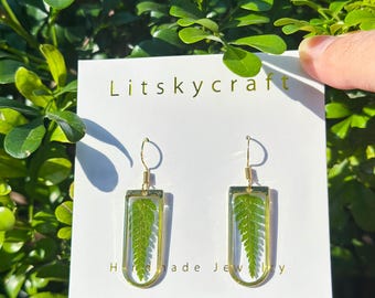 Echte varenblad oorbellen, geperste blad oorbellen, groen blad oorbellen, handgemaakte bladeren natuurlijke sieraden, kerstcadeau, verjaardagscadeau voor haar