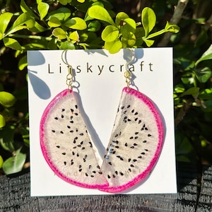 Real Pitaya Resin Fruit Earrings, Handmade Pressed Dragon Fruit Earrings, Natural Jewelry, Dired Pitaya Drop Earrings, Birthday Gift For Her