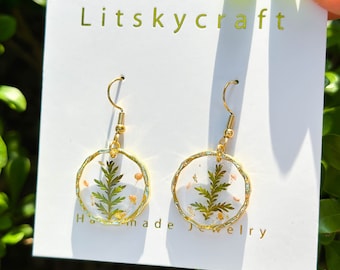 Echte varenbladeren oorbellen, handgemaakte oorbellen geperst blad, hars groene bladeren oorbellen, Dired Leaf Earring, afstuderen verjaardagscadeau voor haar