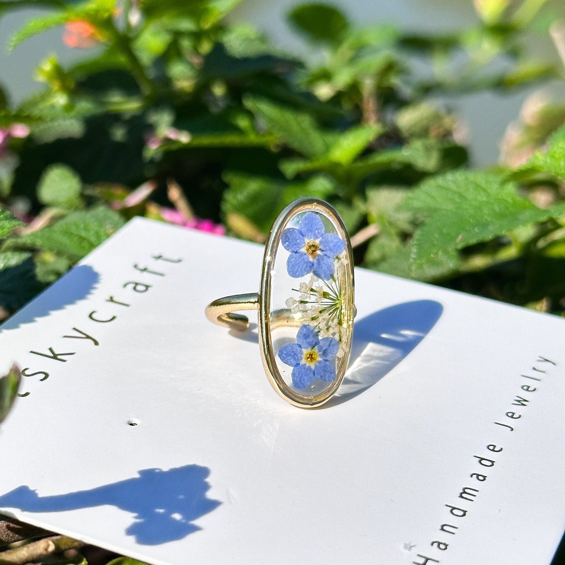 Anello regolabile con fiore vero "Non ti scordar di me", anello con fiore pressato fatto a mano, gioiello naturale, anello in resina con fiore essiccato, regalo di compleanno e anniversario.