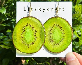 Real Kiwi Fruit  Earrings, Handmade Pressed Kiwi Resin Fruti Earrings, Dired Kiwi Fruit Dangle Drop Earrings, Birthday Valentine's Day Gift