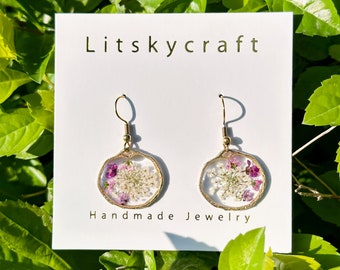 14K Gold Lace Resin Flower Earrings, Handmade Pressed Real Flower Resin Earrings, Dired Flower Dangle Drop Earrings, Birthday Gift For Her