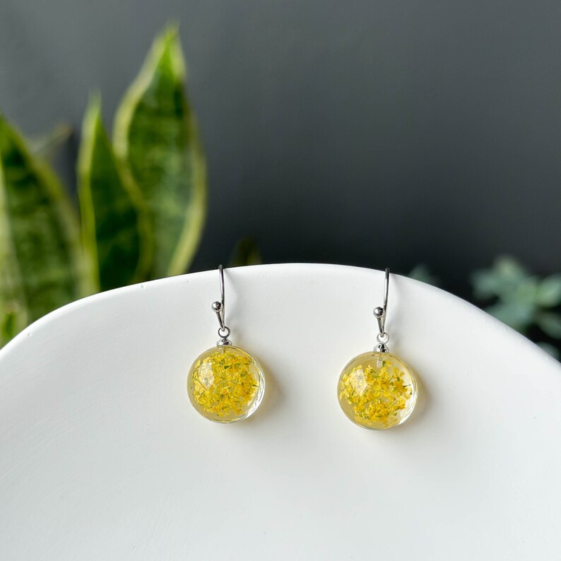 Real Yellowe Lace Resin Flower Earrings, Handmade Pressed Flower Earrings, Dangle Drop Earrings, Dired Flower Earring, Mother's Day Gifts image 5