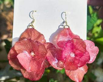 Real Hydrangea Flower Earrings, Handmade Pressed Floral Resin Jewelry, Dried Flower Dangle Drop Earring, Birthday Christmas Gift For Her