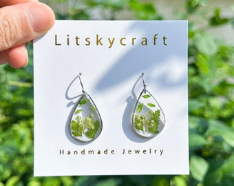 Real Green Leaf Earrings, Real Fern Leaf Earrings,Handmade Pressed Leaf Earring,Resin Green Leaves Earring,Real Tree Leaf Drop Hook Earrings