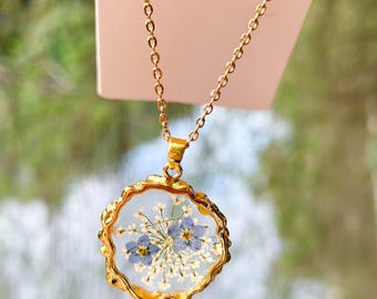 Forget Me Not Real flower Resin Necklace, Dried Flower Necklace, Gold Necklace Jewelry, Pressed Flower Chain Necklace, Birthday Gift For Her