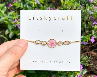 Adjustable Pink Narcissus Real Flower Bracelet, Handmade Pressed Flower Bracelet, Nature Jewelry, Dired Flower Resin Bracelet, Gift For Her