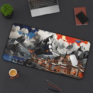 Small Village Landscape Desk Mat Village Desk Mat Office Mat Mountain Village Office Mat