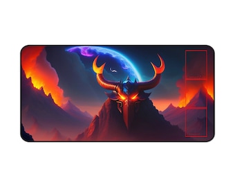May include: A black and red gaming mousepad with a fiery landscape and a horned demon head in the center. The demon head has glowing red eyes and a dark, menacing expression.