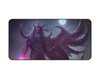 May include: A dark purple fantasy illustration of a horned, bearded figure with glowing red eyes, wearing a dark robe and holding a glowing pink staff. The figure is standing in front of a dark, swirling background with a moon in the distance.