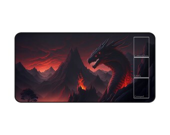 May include: A black dragon with red eyes emerges from a fiery mountain range. The background is a dark red and orange sky with clouds. The image is divided into four sections, labeled "Command Zone", "Library", and "Graveyard".