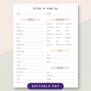 Getting To Know You, Favorite Things Survey, Teacher Survey, Coworker Questions, Printable and Editable PDFs