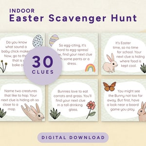 Búsqueda del tesoro de Pascua, búsqueda del tesoro en interiores para niños, 30 acertijos de Pascua, pistas de la búsqueda de Pascua, PDF imprimible