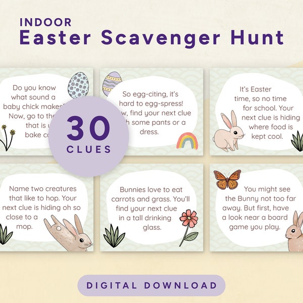 Easter Scavenger Hunt, Indoor Treasure Hunt For Kids, 30 Easter Riddles, Easter Hunt Clues, Printable PDF