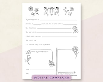 All About My Mum, Mother's Day Gift, All About My Mom, Mother's Day Questionnaire, Printable PDF