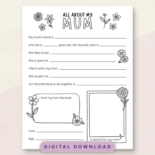 All About My Mum, Mother's Day Gift, All About My Mom, Mother's Day Questionnaire, Printable PDF