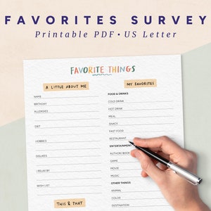 Favorite Things Questionnaire Printable, Get to Know You, Teacher Appreciation Survey, Coworker Questions, Instant Download PDF