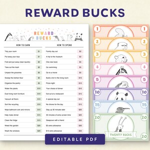Bearbeitbare Kinder Belohnung Bucks, druckbares Spielgeld, Mom Bucks, Belohnungssystem für Kinder, Sofortiger Download druckbare PDF