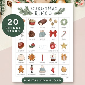 20 Weihnachts-Bingo-Karten, druckbare Weihnachts-Bingo-Spiel für Kinder und Erwachsene, Urlaubs-Bingo, Arbeit-Weihnachts-Party-Spiel