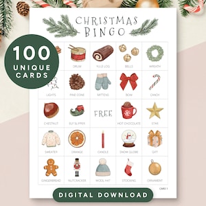 100 Christmas Bingo Cards, Printable Christmas Bingo for Kids and Adults, Christmas Activities
