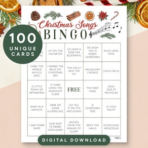 Christmas Song Bingo, 100 Printable Christmas Music Bingo Cards for Adults, Christmas Carol Bingo, Christmas Party Games