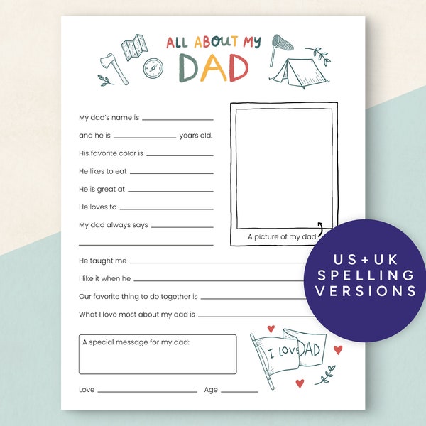 All About My Dad Printable, DIY Father's Day Questionnaire, Instant Download PDF