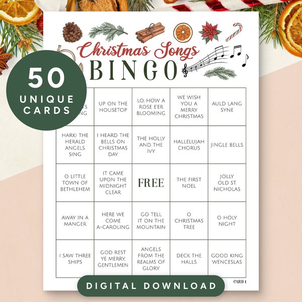 Christmas Song Bingo, 50 Printable Christmas Music Bingo Cards for Adults, Christmas Carol Bingo, Christmas Party Games