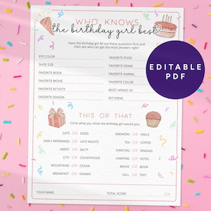 Who Knows The Birthday Girl Best, How Well Do You Know the Birthday Girl, Editable Birthday Game