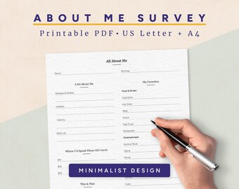 Printable All About Me Survey, Employee Favorites List, Instant Download PDF, US Letter + A4