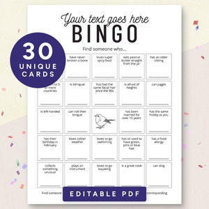 Plantilla de bingo para conocerte, 30 cartones de bingo personalizados, encontrar el bingo invitado, mezclar bingo
