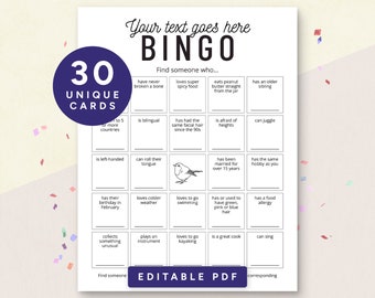 Get To Know You Bingo Template, 30 Custom Bingo Cards, Find The Guest Bingo, Mingle Bingo