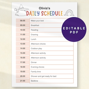 Kids Daily Schedule, Daily Routine, Kids Summer Schedule, Daily Routine Template, Editable PDF in 5 colors