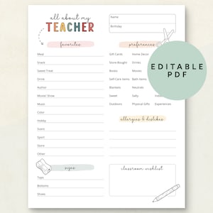 Teacher Favorite Things, Teacher Questionnaire, Teacher Survey, All About My Teacher