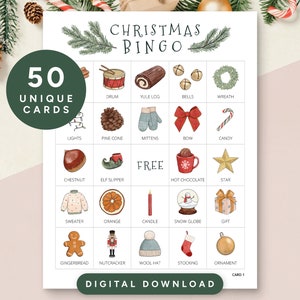 Druckbares Weihnachtsbingo für 50, Urlaubsbingo, Weihnachtsparty Spiel