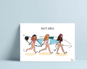 surf girl art, postcard, illustration, Surfer home decor, Surf art, 10x15 cm