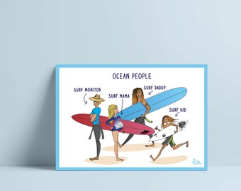 Postcard, illustration, Surfer home decor, Surf art, 10x15 cm