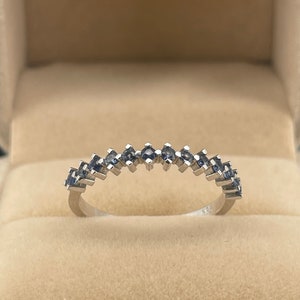 Durable 0.52 Ct Blue Sapphire Ring, 14k White Gold Half Eternity Band, Everyday Wear Stackable, October Birthstone, Unique Wedding Gift