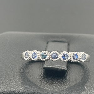 Unique 0.28 Ct Natural Blue Sapphire Ring, 14k White Gold Half Eternity Band, Bezel Set Fine Jewelry, Proposal Ring for Her Wedding Gift