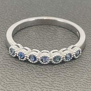 Minimalist 0.28 Ct Blue Sapphire Ring, 14k White Gold Bezel Set Half Eternity, Stackable Gold Band, Promise Ring for Women Wedding Gift