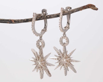 Real Diamond Sunburst Earrings 0.37 Carat Natural Pavé Set Round Cut 14K White Gold Dangle Elegant Luxury Gift Wedding Gift