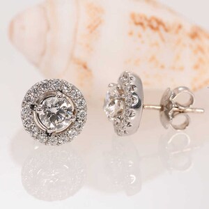 Stunning 1.48 Ct Diamond Halo Studs, Natural & Lab Grown Round Brilliant, Solid 14K White Gold Pushback, Classic Fine Jewelry, Wedding Gift