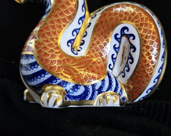 Vintage Royal Crown Derby Imari Dragon Paperweight Gold Stopper 1980s Bone China Collectible First Quality