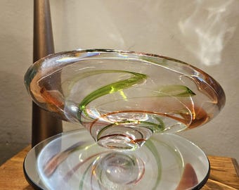 Vintage Max Verboeket Kristalunie Maastricht Art Glass Bowl Red Green Swirl Centerpiece Signed Dutch MCM 1960s