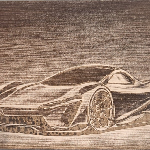 Plaque bois gravée voiture futuriste