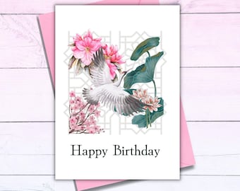 Joyeux anniversaire carte pour sa maman japonais grue Floral vintage soeur carte imprimable téléchargeable vintage fille tante carte