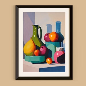 Colourful Vases and Fruit Still Life Print Minimalist Modern Abstract Still Life Kitchen Painting Colourful Retro Aesthetic Artwork SHIPPED